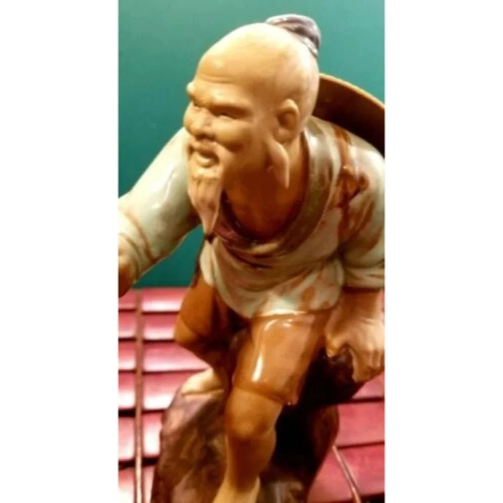 Vintage Chinese Mudman Fisherman Clay Figurine Sitting On Rock No Pole Excellent